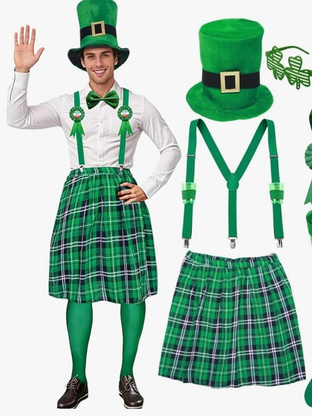 Men's Green Plaid St Patricks Day Costume with Hat & Suspenders